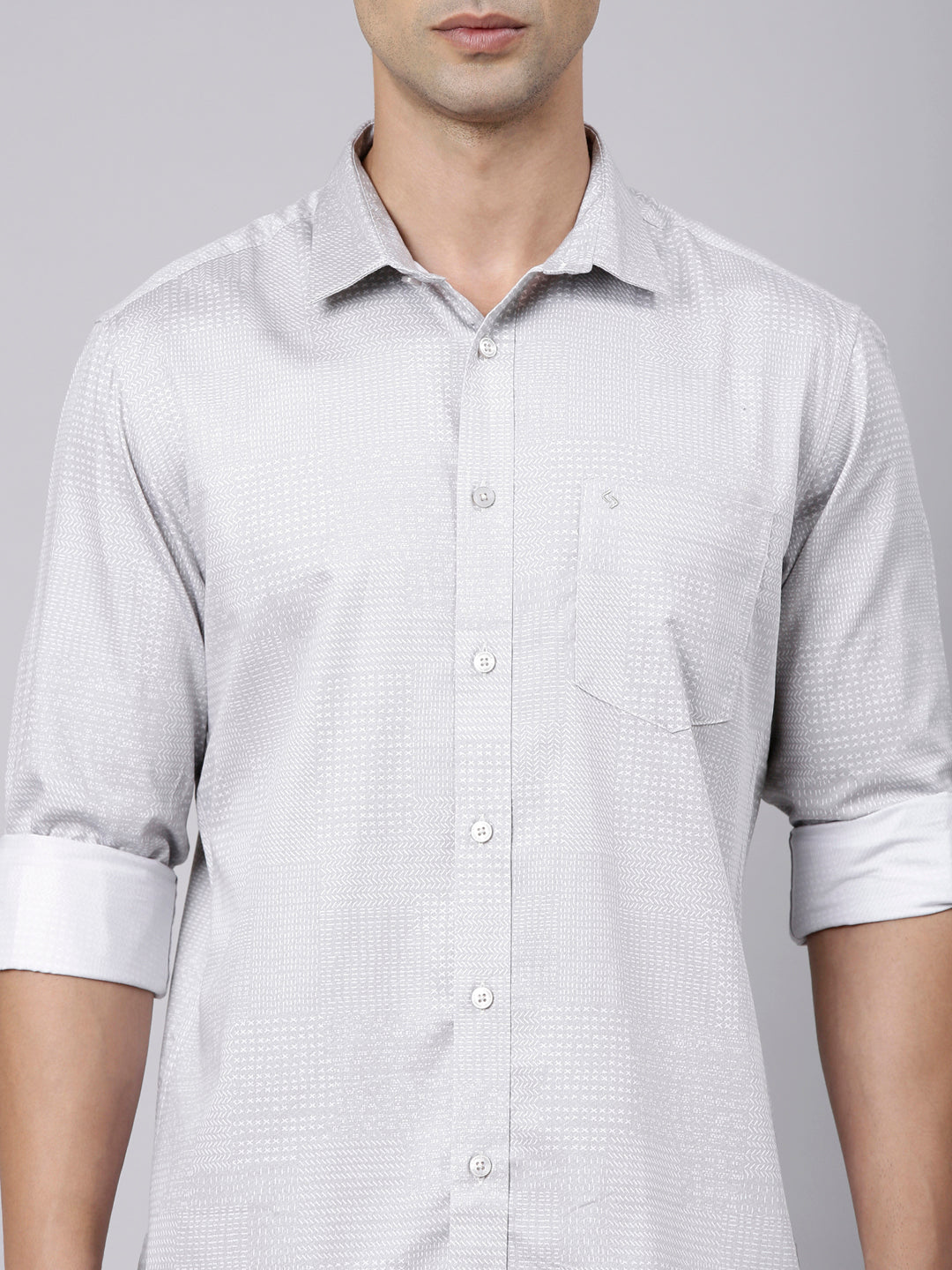 Classic Polo Men's Full Sleeve Light Grey Polo Neck Slim Fit Printed Cotton Casual Shirt | SS1-EL-18 A-FS-PRT-SF