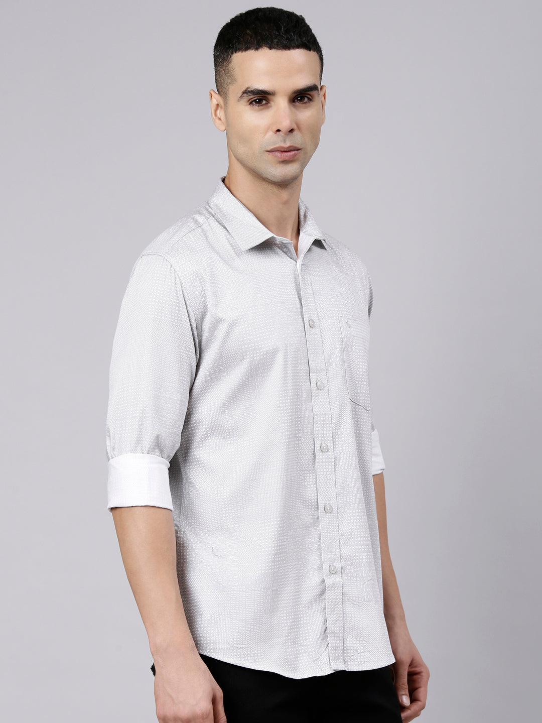Classic Polo Men's Full Sleeve Light Grey Polo Neck Slim Fit Printed Cotton Casual Shirt | SS1-EL-18 A-FS-PRT-SF