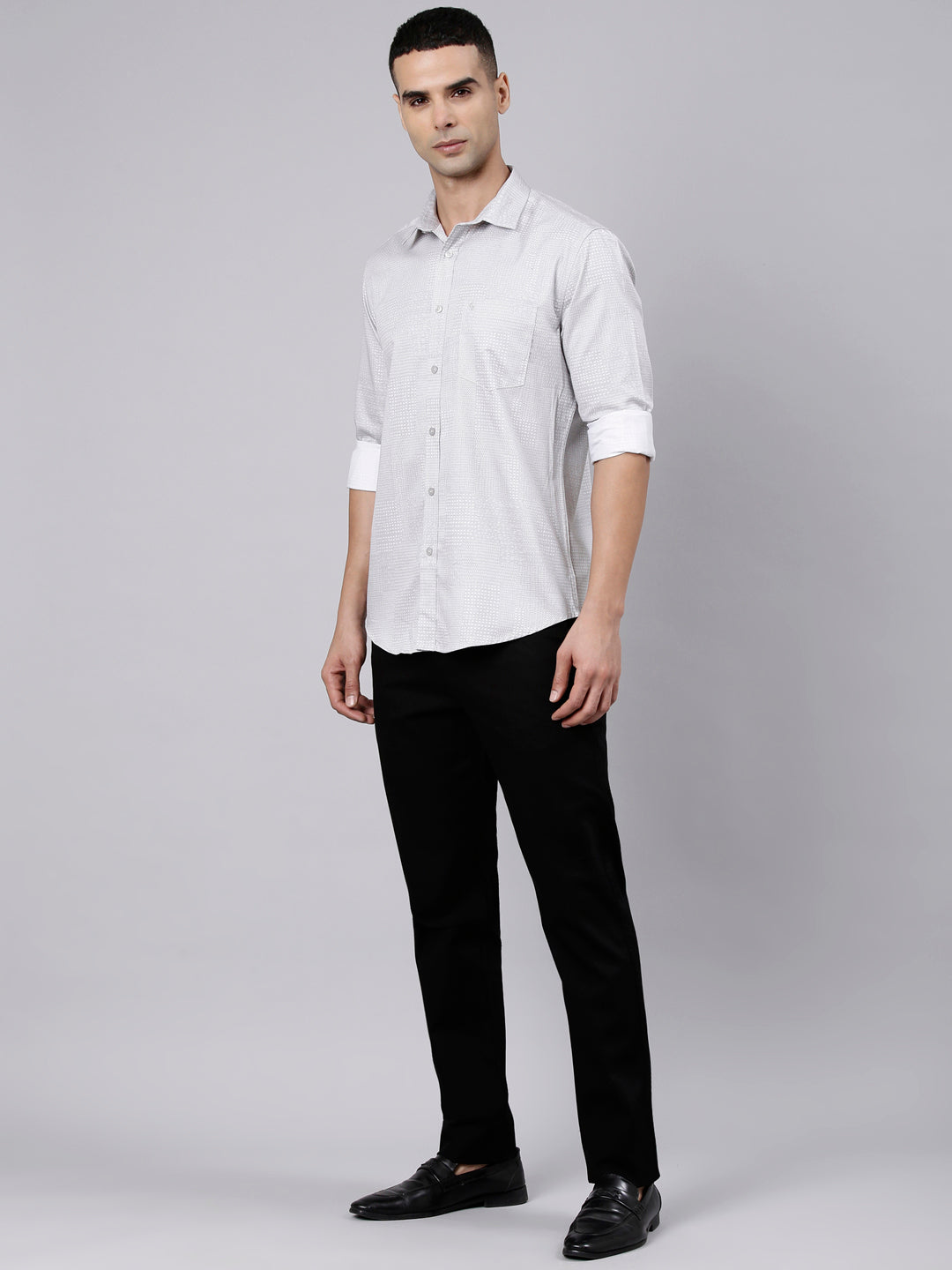Classic Polo Men's Full Sleeve Light Grey Polo Neck Slim Fit Printed Cotton Casual Shirt | SS1-EL-18 A-FS-PRT-SF