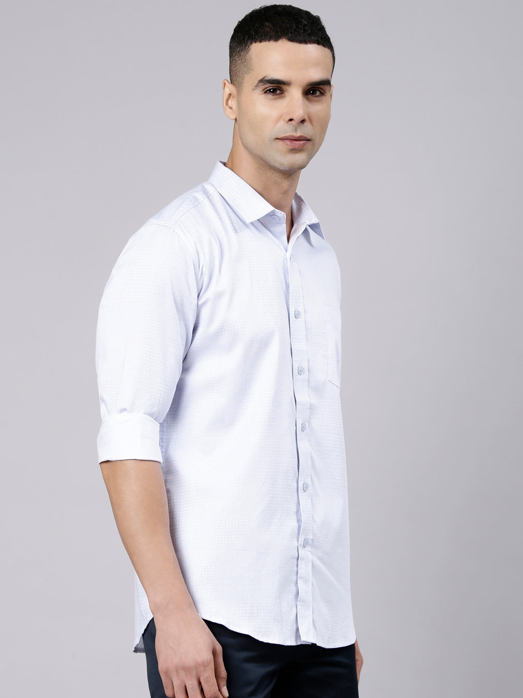 Classic Polo Men's Full Sleeve Light Blue Polo Neck Slim Fit Printed Cotton Casual Shirt | SS1-EL-18 B-FS-PRT-SF