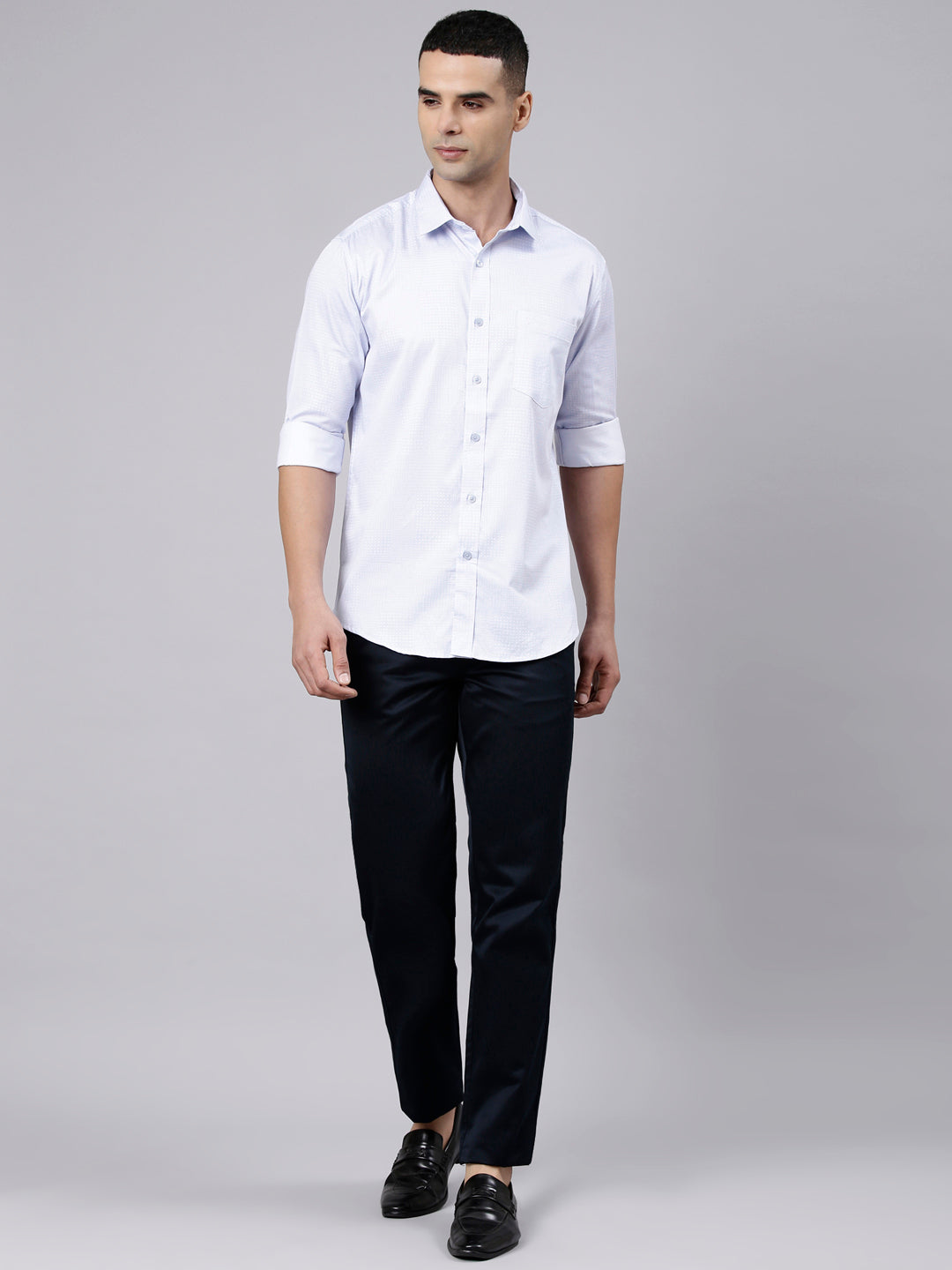 Classic Polo Men's Full Sleeve Light Blue Polo Neck Slim Fit Printed Cotton Casual Shirt | SS1-EL-18 B-FS-PRT-SF