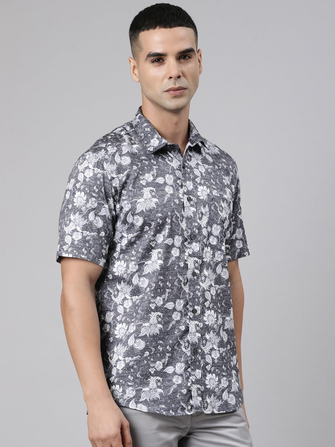 Classic Polo Men's Half Sleeve Dark Grey Polo Neck Slim Fit Printed Cotton Casual Shirt | SS1-EL-22 A-HS-PRT-SF
