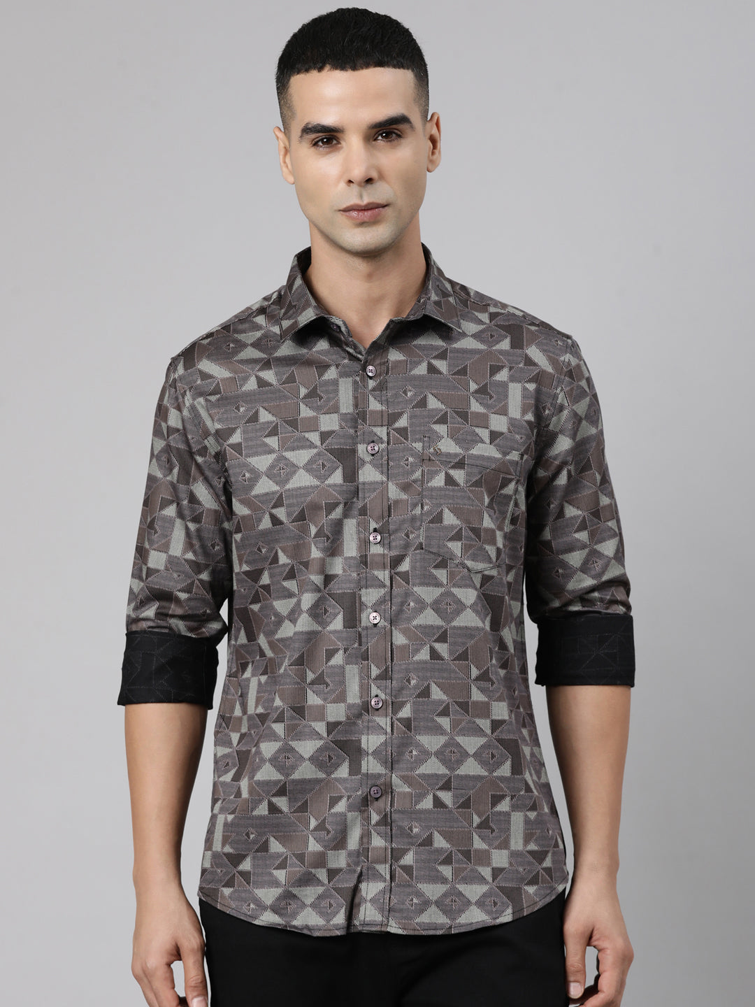 Classic Polo Men's Full Sleeve Brown Polo Neck Slim Fit Printed Cotton Casual Shirt | SS1-EL-62 A-FS-PRT-SF