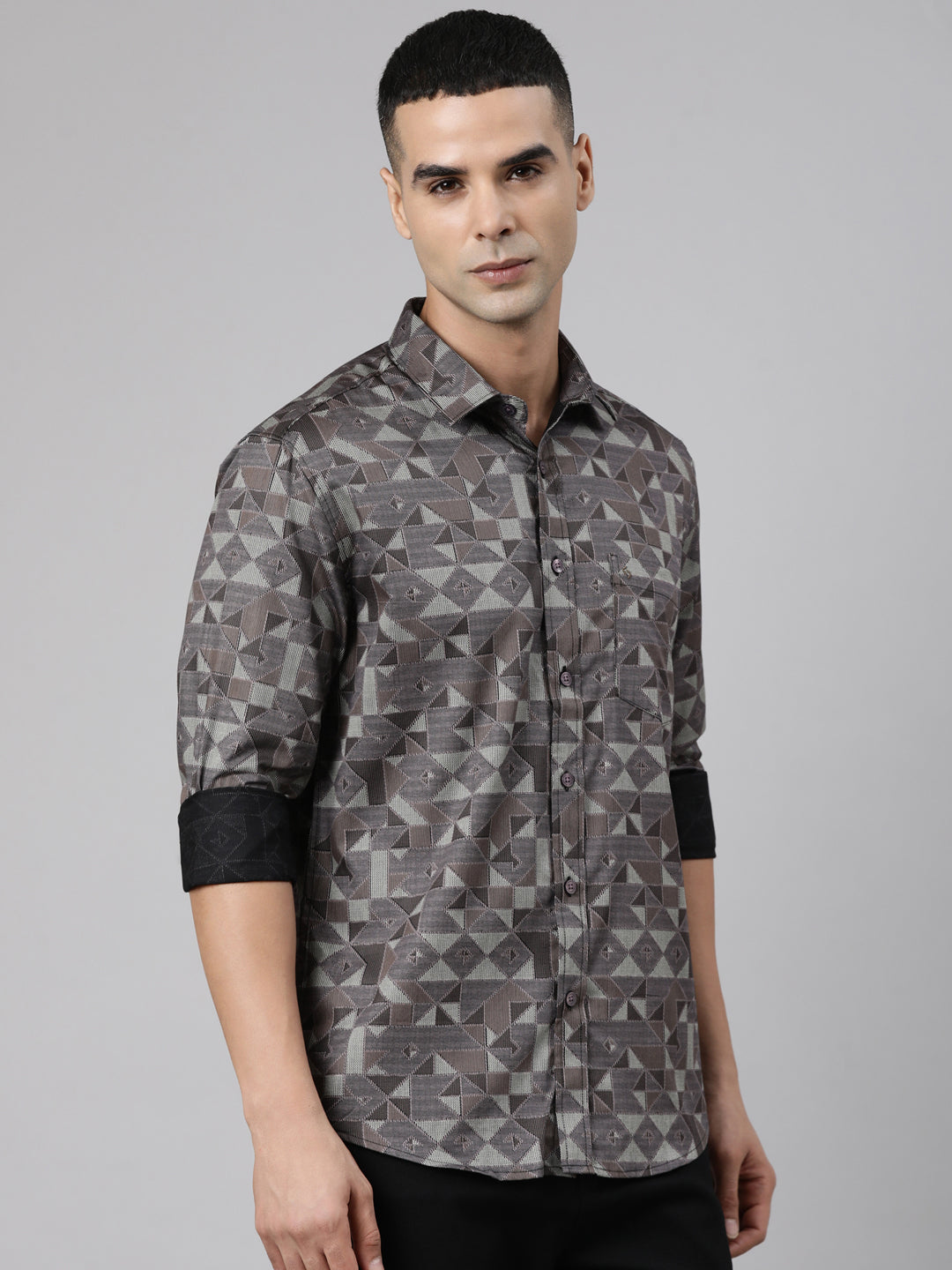 Classic Polo Men's Full Sleeve Brown Polo Neck Slim Fit Printed Cotton Casual Shirt | SS1-EL-62 A-FS-PRT-SF