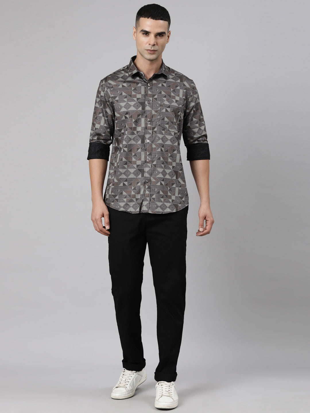 Classic Polo Men's Full Sleeve Brown Polo Neck Slim Fit Printed Cotton Casual Shirt | SS1-EL-62 A-FS-PRT-SF