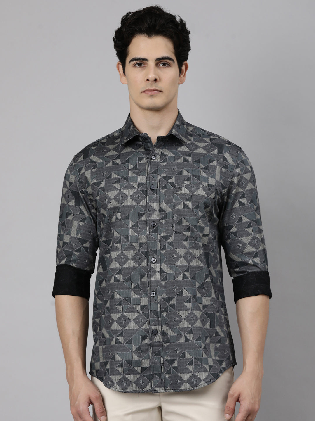 Classic Polo Men's Full Sleeve Charcoal Grey Polo Neck Slim Fit Printed Cotton Casual Shirt | SS1-EL-62 B-FS-PRT-SF