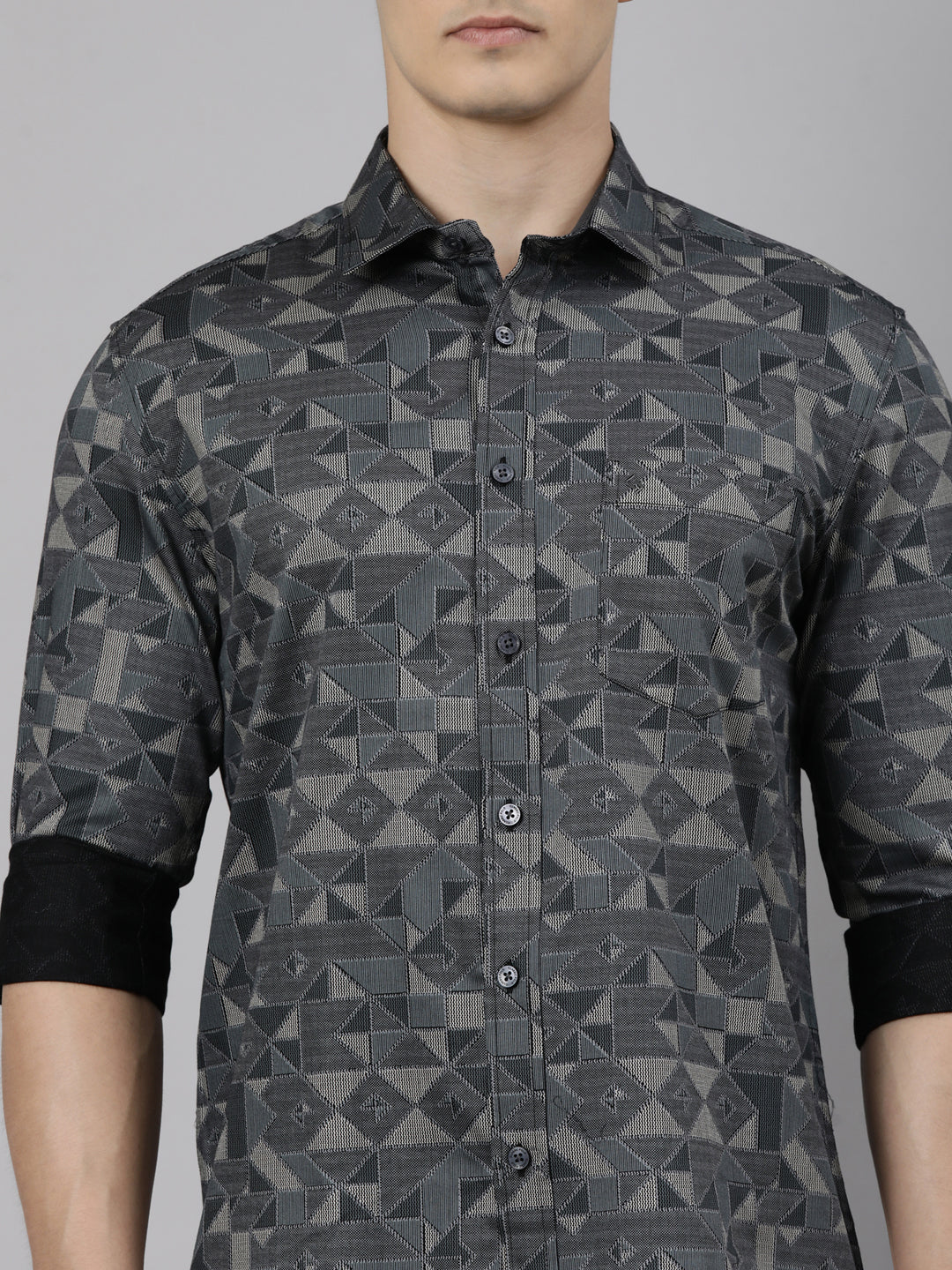 Classic Polo Men's Full Sleeve Charcoal Grey Polo Neck Slim Fit Printed Cotton Casual Shirt | SS1-EL-62 B-FS-PRT-SF