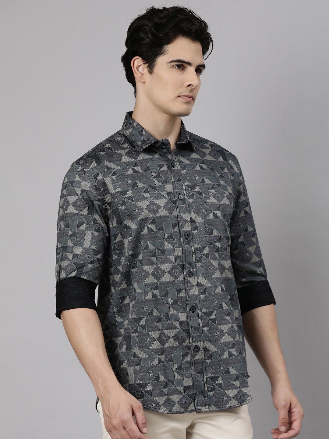 Classic Polo Men's Full Sleeve Charcoal Grey Polo Neck Slim Fit Printed Cotton Casual Shirt | SS1-EL-62 B-FS-PRT-SF