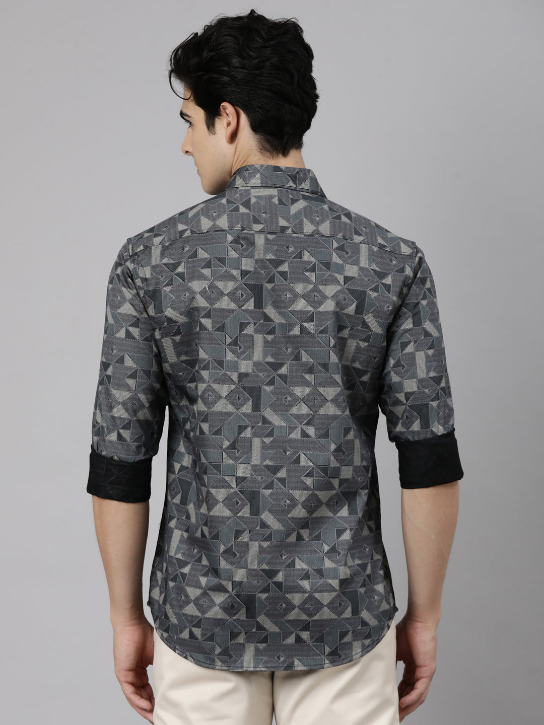 Classic Polo Men's Full Sleeve Charcoal Grey Polo Neck Slim Fit Printed Cotton Casual Shirt | SS1-EL-62 B-FS-PRT-SF