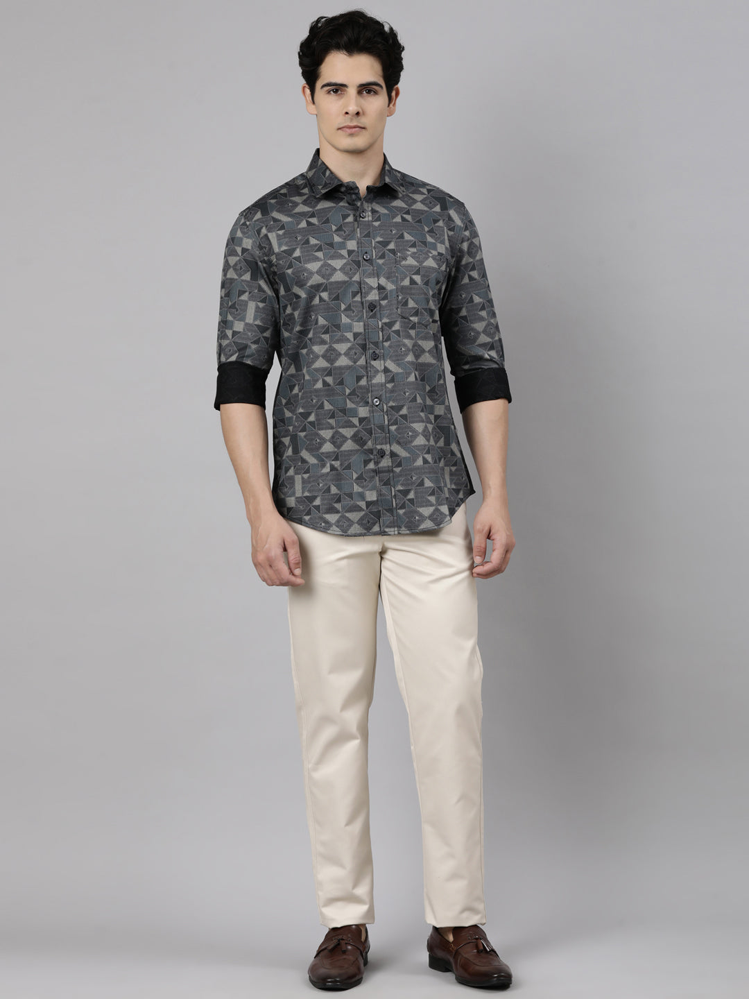 Classic Polo Men's Full Sleeve Charcoal Grey Polo Neck Slim Fit Printed Cotton Casual Shirt | SS1-EL-62 B-FS-PRT-SF