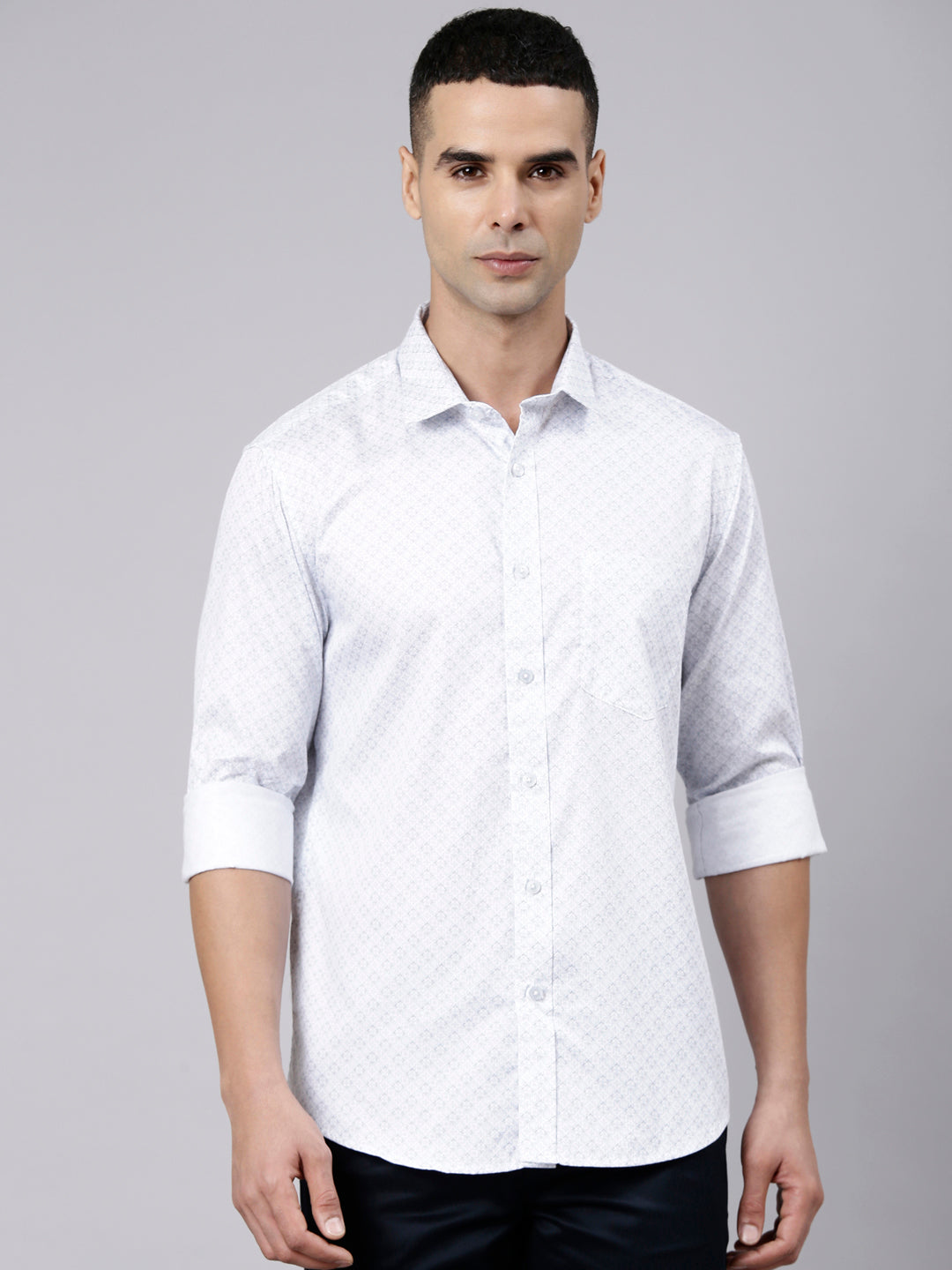 Classic Polo Men's Full Sleeve White Polo Neck Slim Fit Printed Cotton Casual Shirt | SS1-EL-96 B-FS-PRT-SF