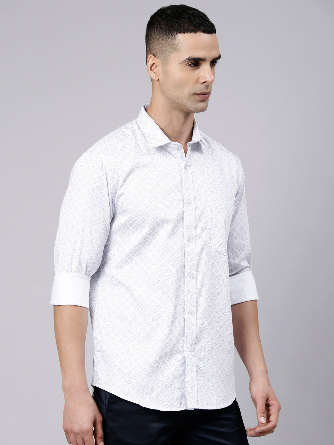 Classic Polo Men's Full Sleeve White Polo Neck Slim Fit Printed Cotton Casual Shirt | SS1-EL-96 B-FS-PRT-SF