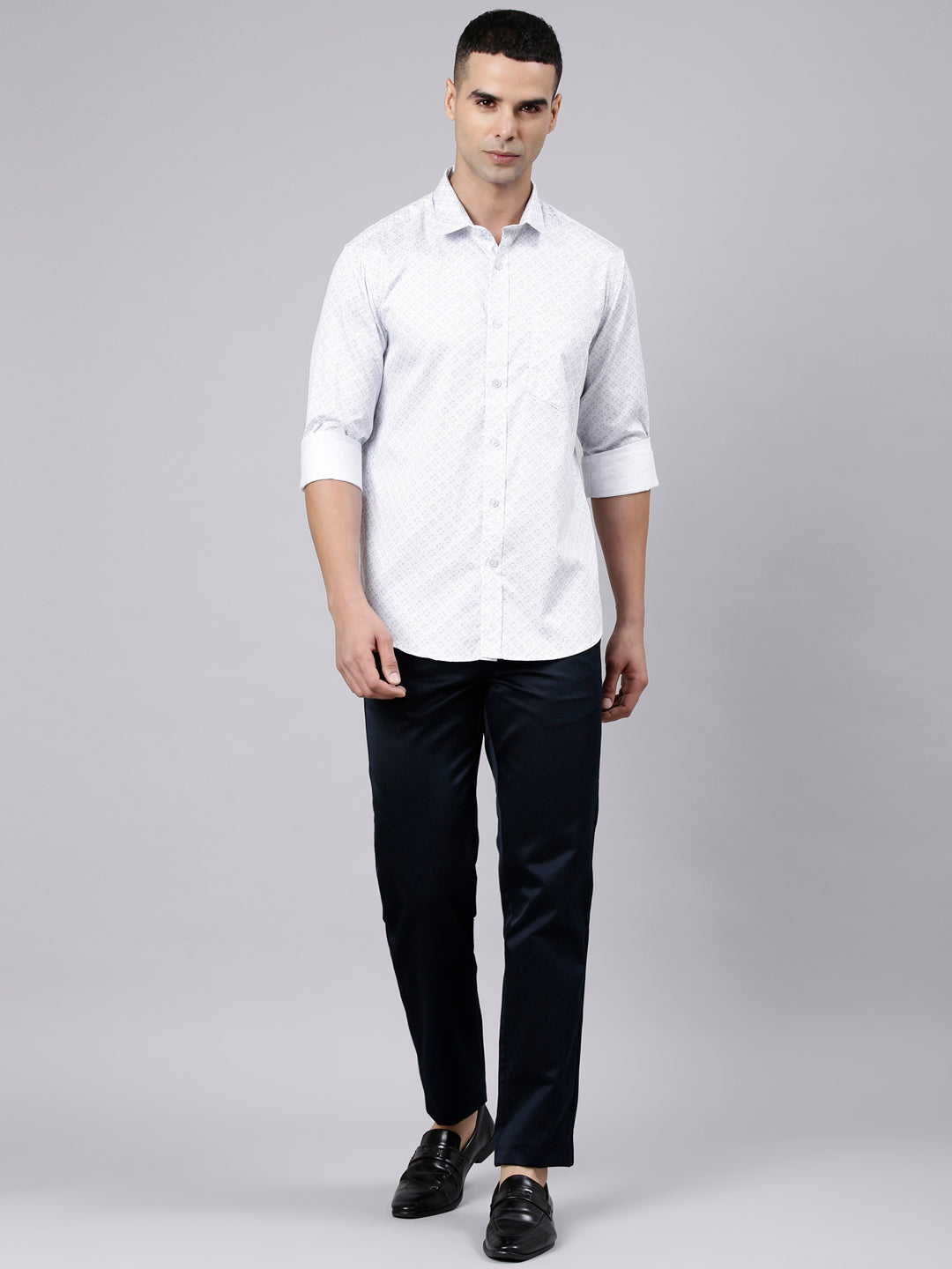 Classic Polo Men's Full Sleeve White Polo Neck Slim Fit Printed Cotton Casual Shirt | SS1-EL-96 B-FS-PRT-SF