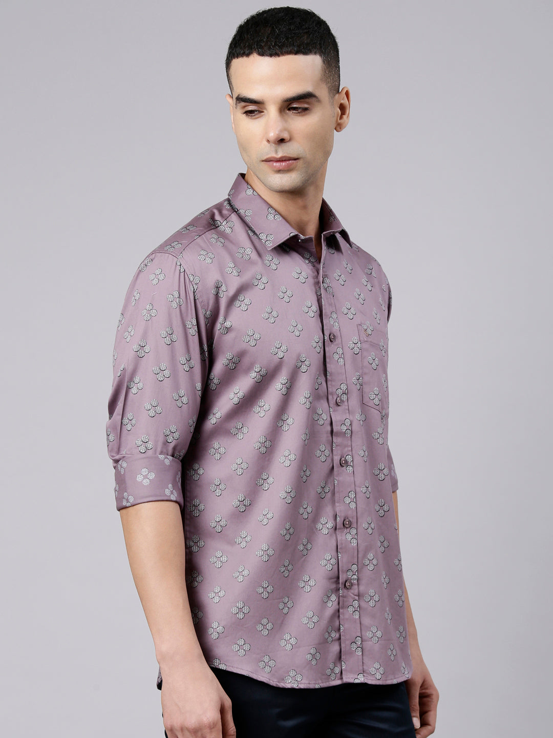 Classic Polo Men's Full Sleeve Mauve Polo Neck Slim Fit Printed Cotton Casual Shirt | SS1-EL-97 A-FS-PRT-SF
