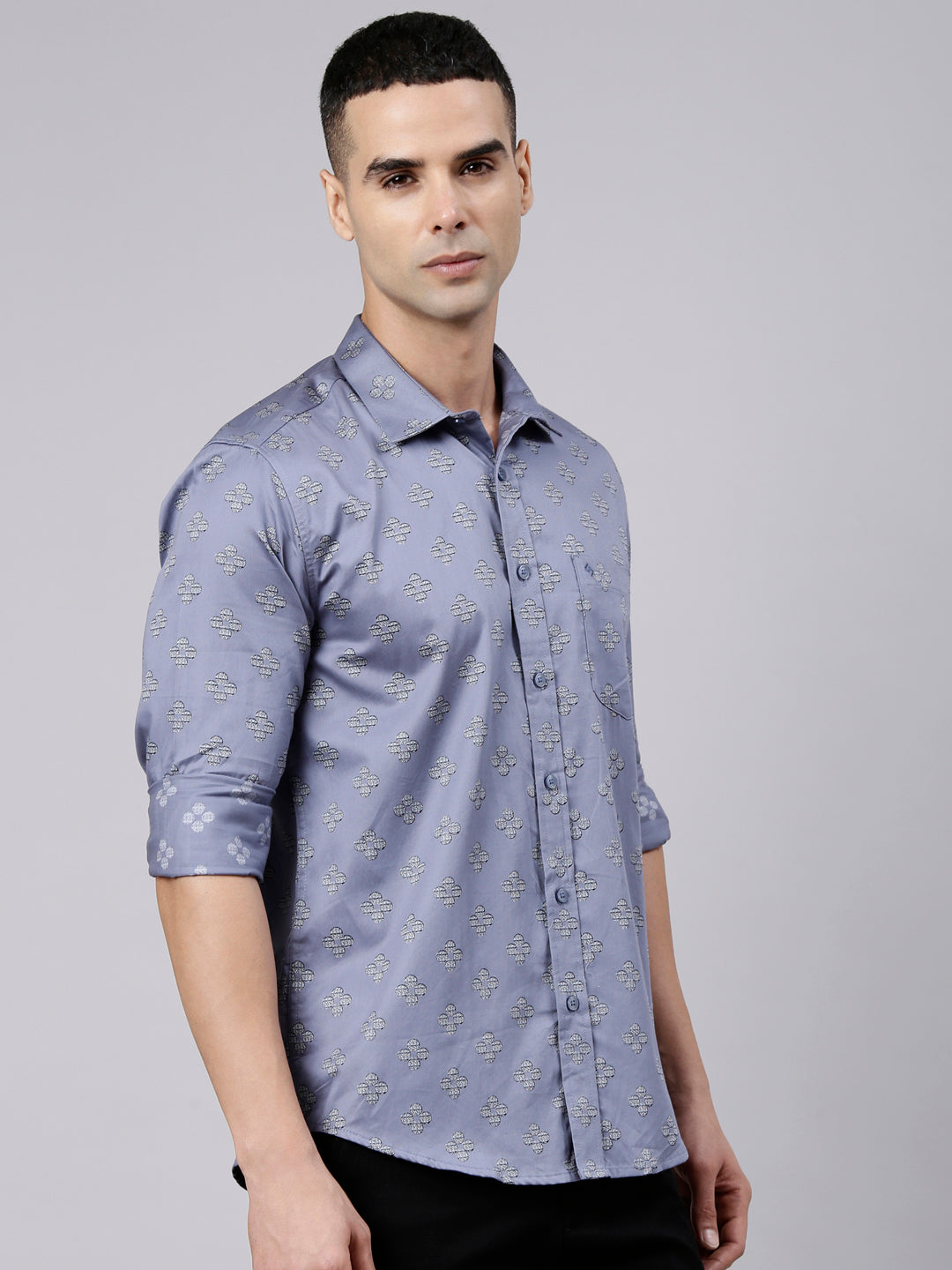Classic Polo Men's Full Sleeve Steel Blue Polo Neck Slim Fit Printed Cotton Casual Shirt | SS1-EL-97 B-FS-PRT-SF