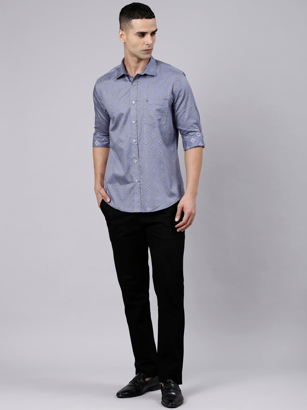 Classic Polo Men's Full Sleeve Steel Blue Polo Neck Slim Fit Printed Cotton Casual Shirt | SS1-EL-97 B-FS-PRT-SF