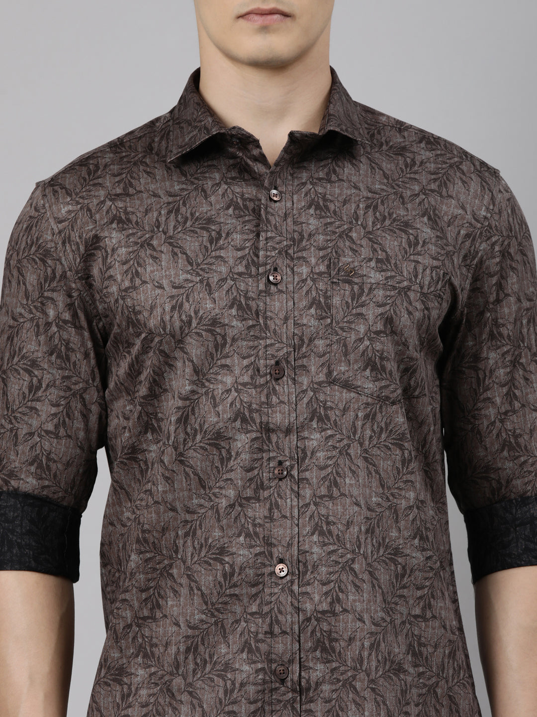 Classic Polo Men's Full Sleeve Dark Brown Polo Neck Slim Fit Printed Cotton Casual Shirt | SS1-EL-99 A-FS-PRT-SF