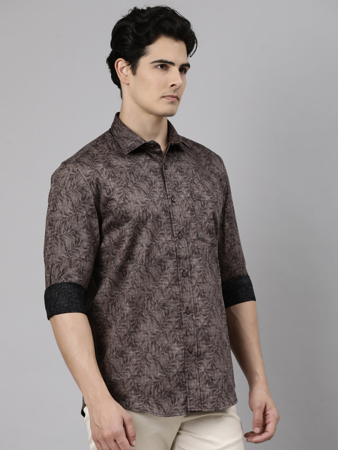 Classic Polo Men's Full Sleeve Dark Brown Polo Neck Slim Fit Printed Cotton Casual Shirt | SS1-EL-99 A-FS-PRT-SF