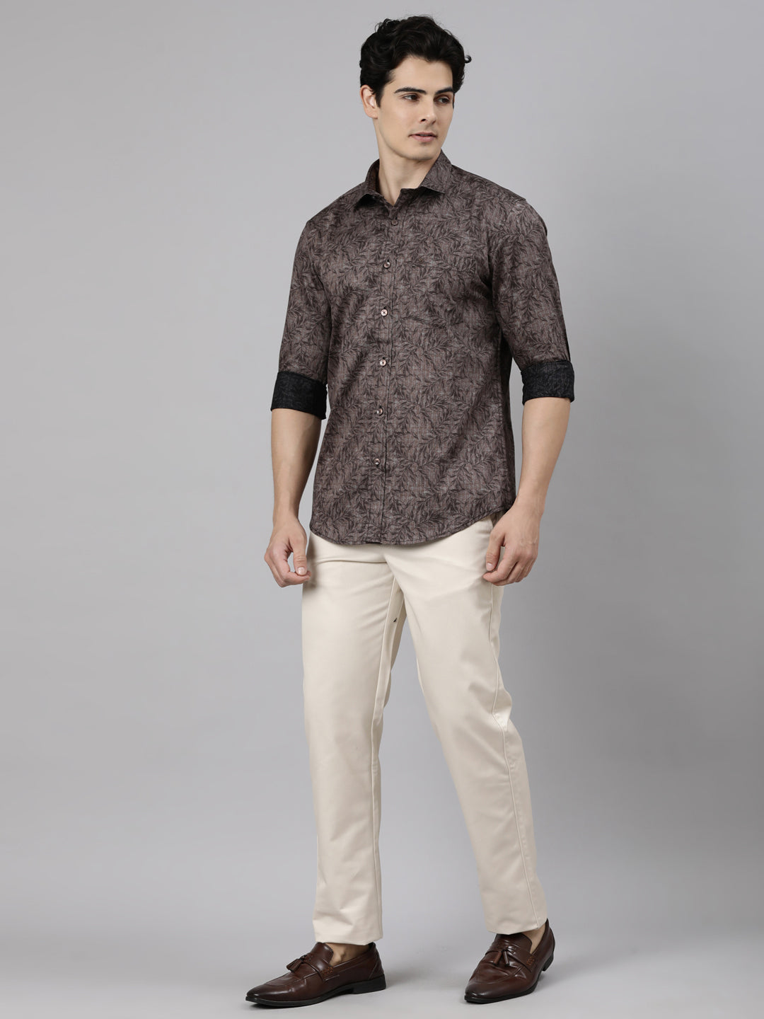 Classic Polo Men's Full Sleeve Dark Brown Polo Neck Slim Fit Printed Cotton Casual Shirt | SS1-EL-99 A-FS-PRT-SF