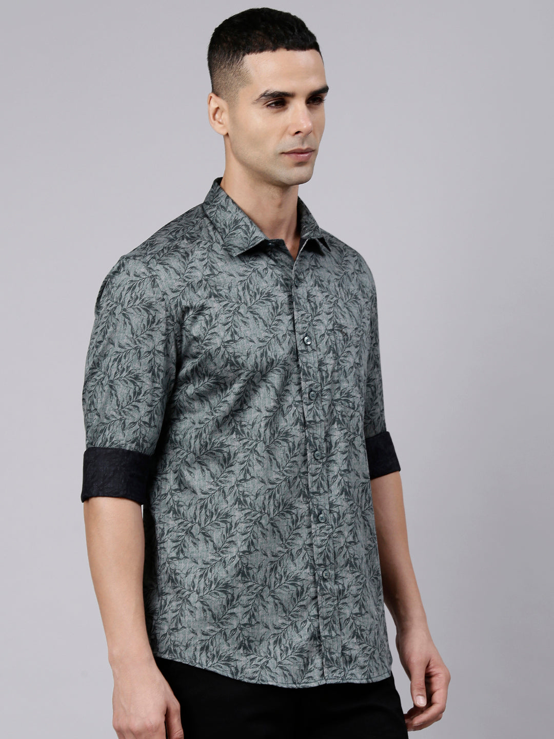 Classic Polo Men's Full Sleeve Dark Olive Polo Neck Slim Fit Printed Cotton Casual Shirt | SS1-EL-99 B-FS-PRT-SF