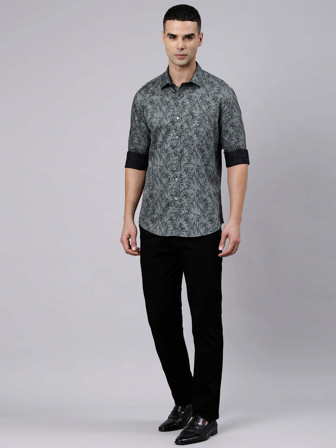 Classic Polo Men's Full Sleeve Dark Olive Polo Neck Slim Fit Printed Cotton Casual Shirt | SS1-EL-99 B-FS-PRT-SF