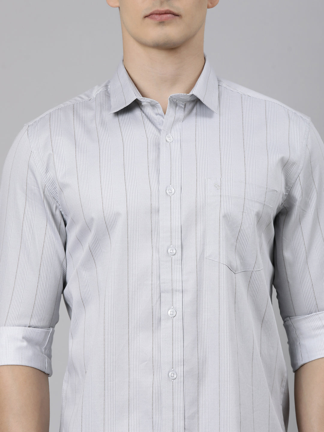 Classic Polo Men's Full Sleeve Light Grey Polo Neck Slim Fit Striped Cotton Casual Shirt | SS1-EL-100 B-FS-PRT-SF