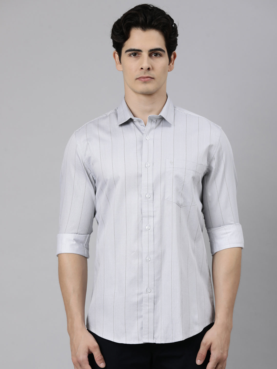 Classic Polo Men's Full Sleeve Light Grey Polo Neck Slim Fit Striped Cotton Casual Shirt | SS1-EL-100 B-FS-PRT-SF