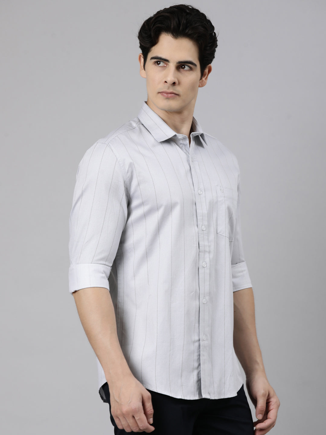Classic Polo Men's Full Sleeve Light Grey Polo Neck Slim Fit Striped Cotton Casual Shirt | SS1-EL-100 B-FS-PRT-SF