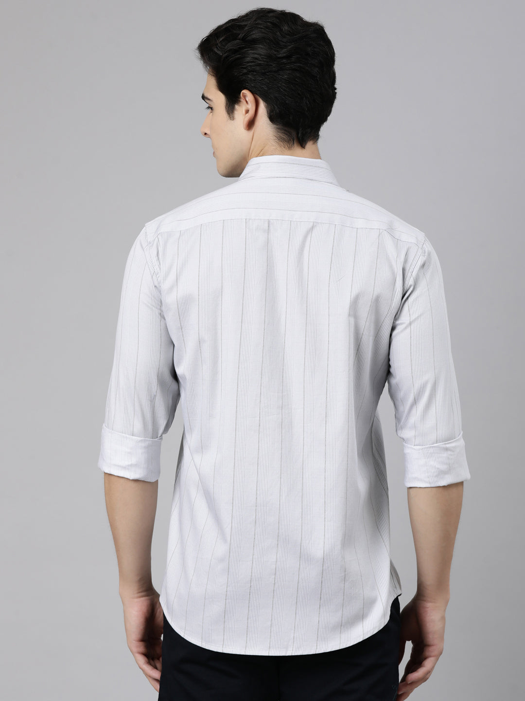 Classic Polo Men's Full Sleeve Light Grey Polo Neck Slim Fit Striped Cotton Casual Shirt | SS1-EL-100 B-FS-PRT-SF