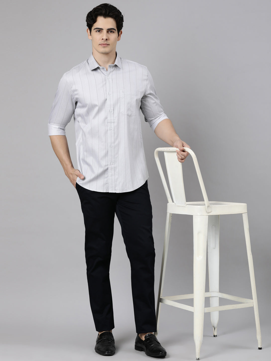 Classic Polo Men's Full Sleeve Light Grey Polo Neck Slim Fit Striped Cotton Casual Shirt | SS1-EL-100 B-FS-PRT-SF