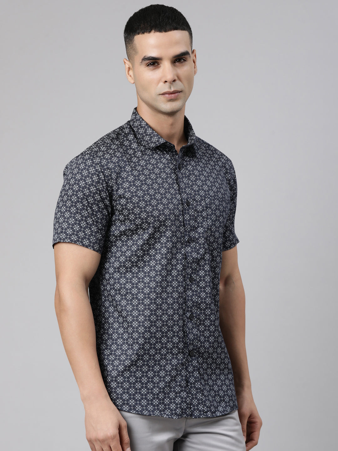 Classic Polo Men's Half Sleeve Dark Navy Polo Neck Slim Fit Printed Cotton Casual Shirt | SS1-GN-19 A-HS-PRT-SF