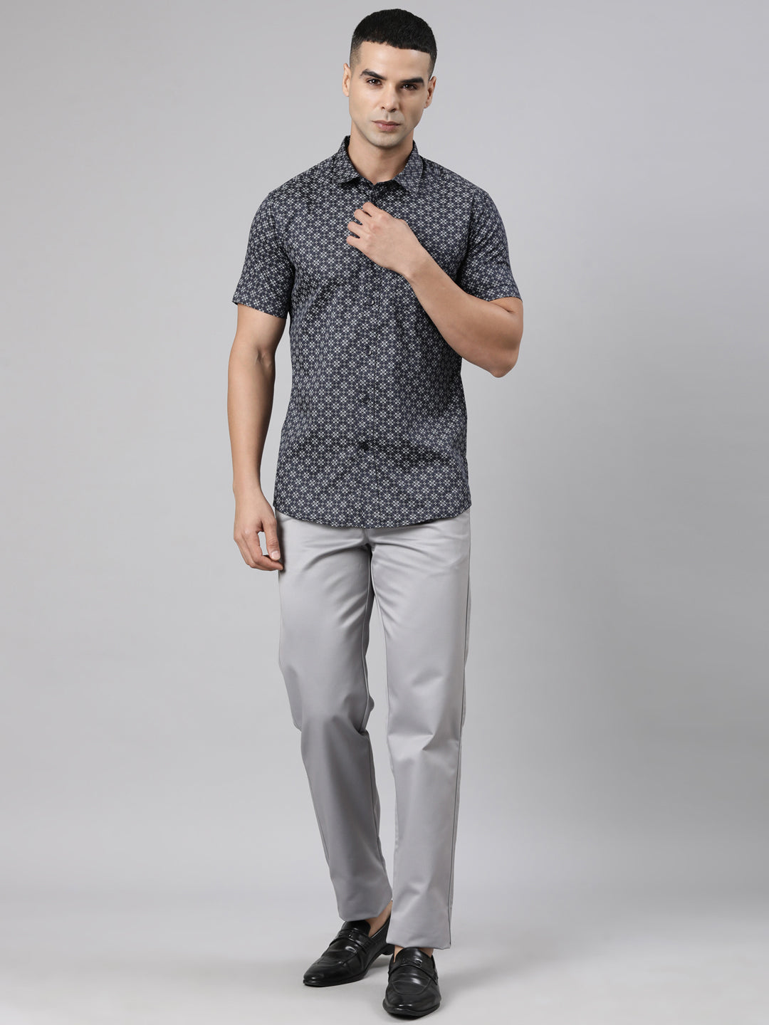 Classic Polo Men's Half Sleeve Dark Navy Polo Neck Slim Fit Printed Cotton Casual Shirt | SS1-GN-19 A-HS-PRT-SF