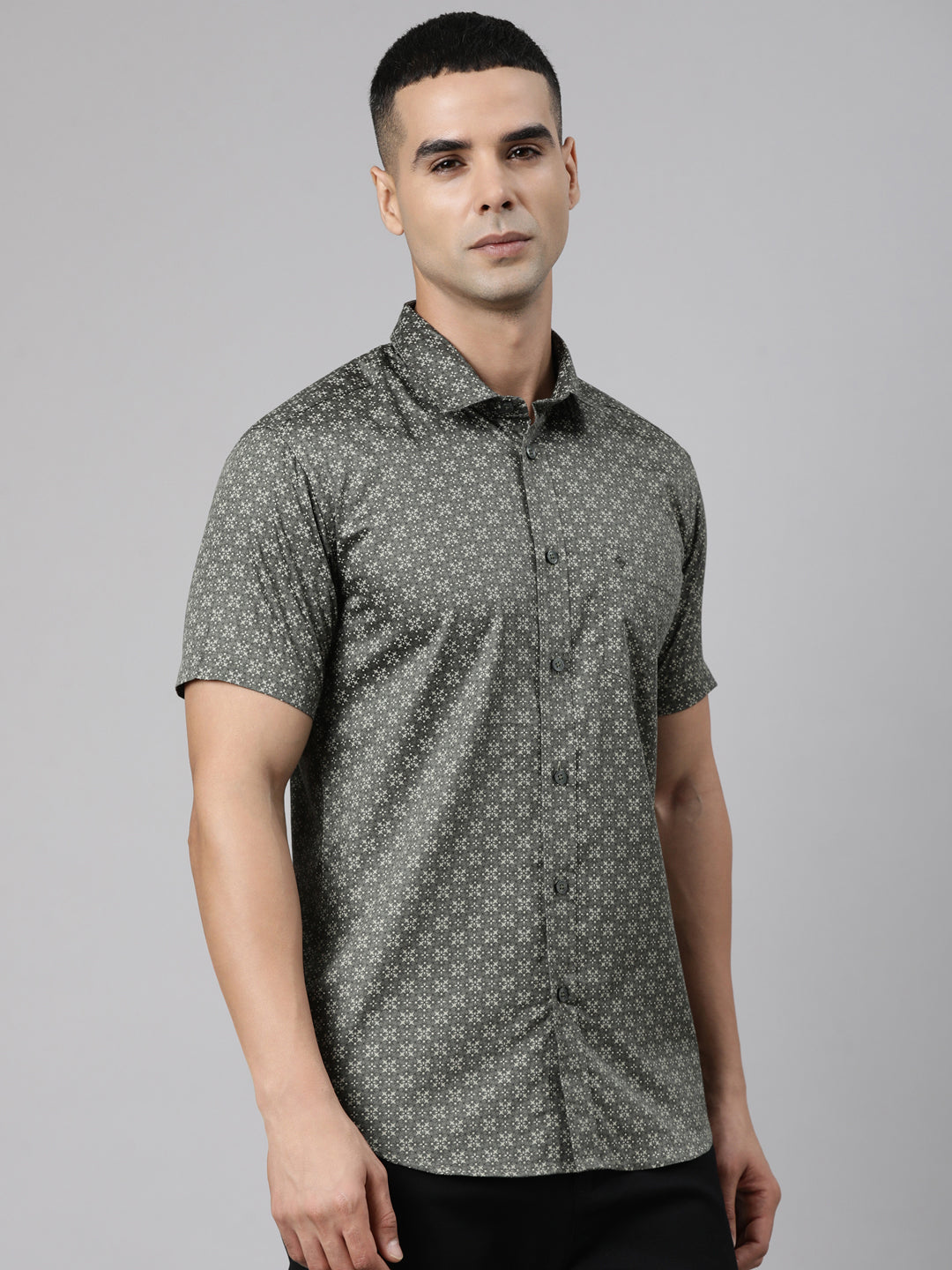 Classic Polo Men's Half Sleeve Olive Polo Neck Slim Fit Printed Cotton Casual Shirt | SS1-GN-19 B-HS-PRT-SF