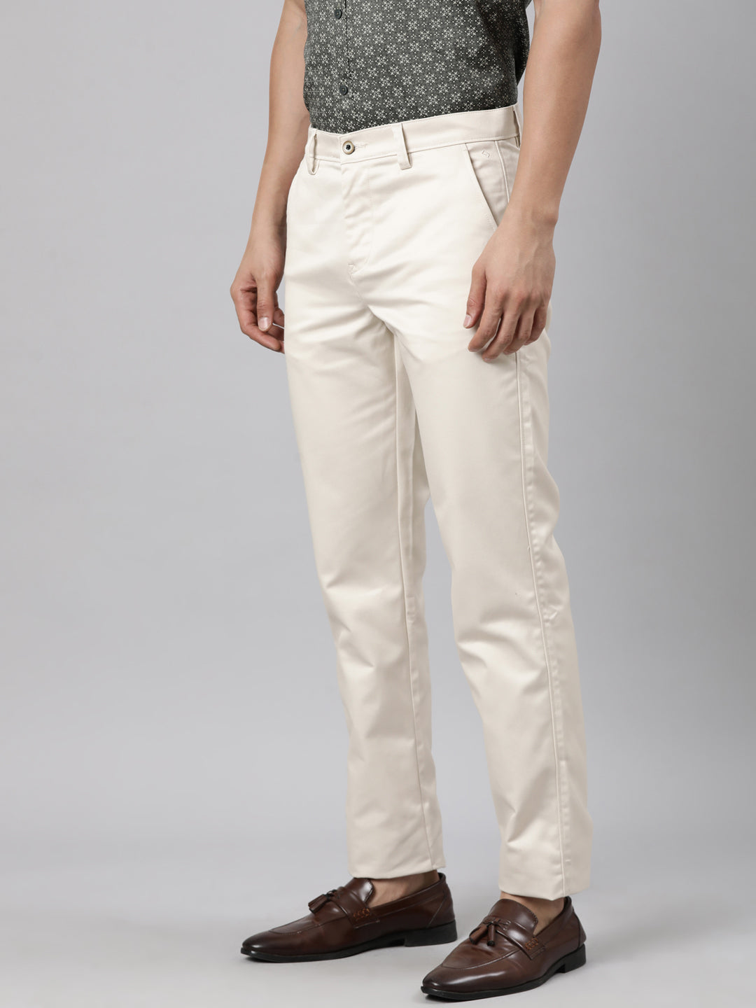 Classic Polo Men's Beige Straight Fit Solid Cotton Trouser | GLINT - BEIGE STF