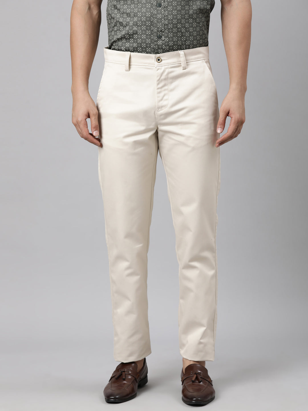 Classic Polo Men's Beige Straight Fit Solid Cotton Trouser | GLINT - BEIGE STF