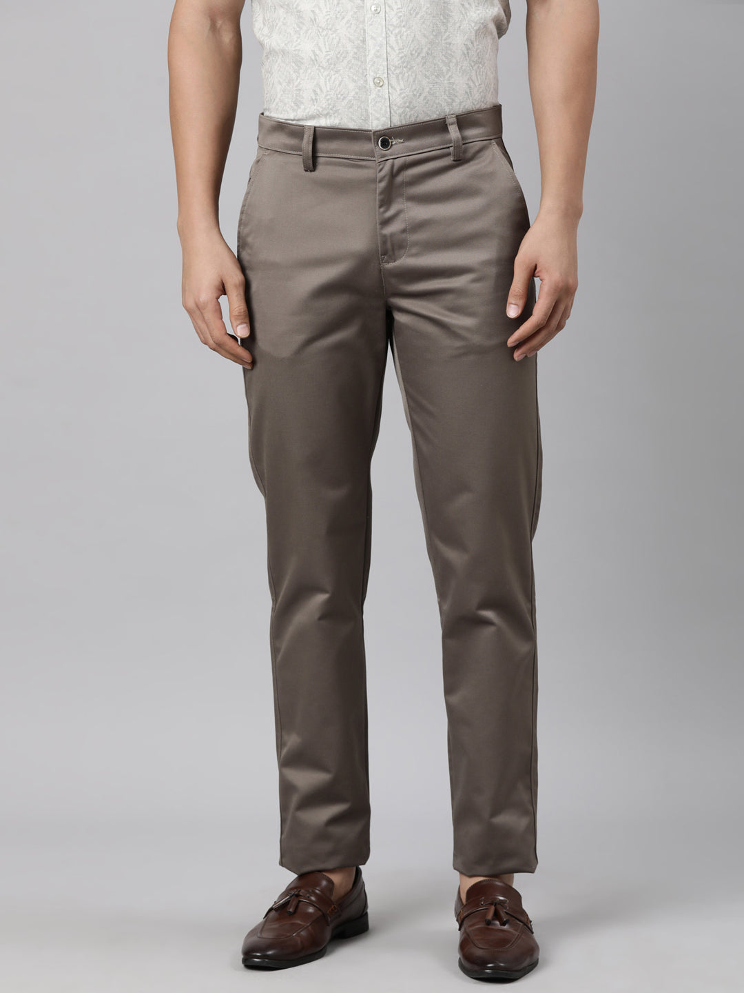 Classic Polo Men's Dark Khaki Straight Fit Solid Cotton Trouser | GLINT - DK.KHAKI STF