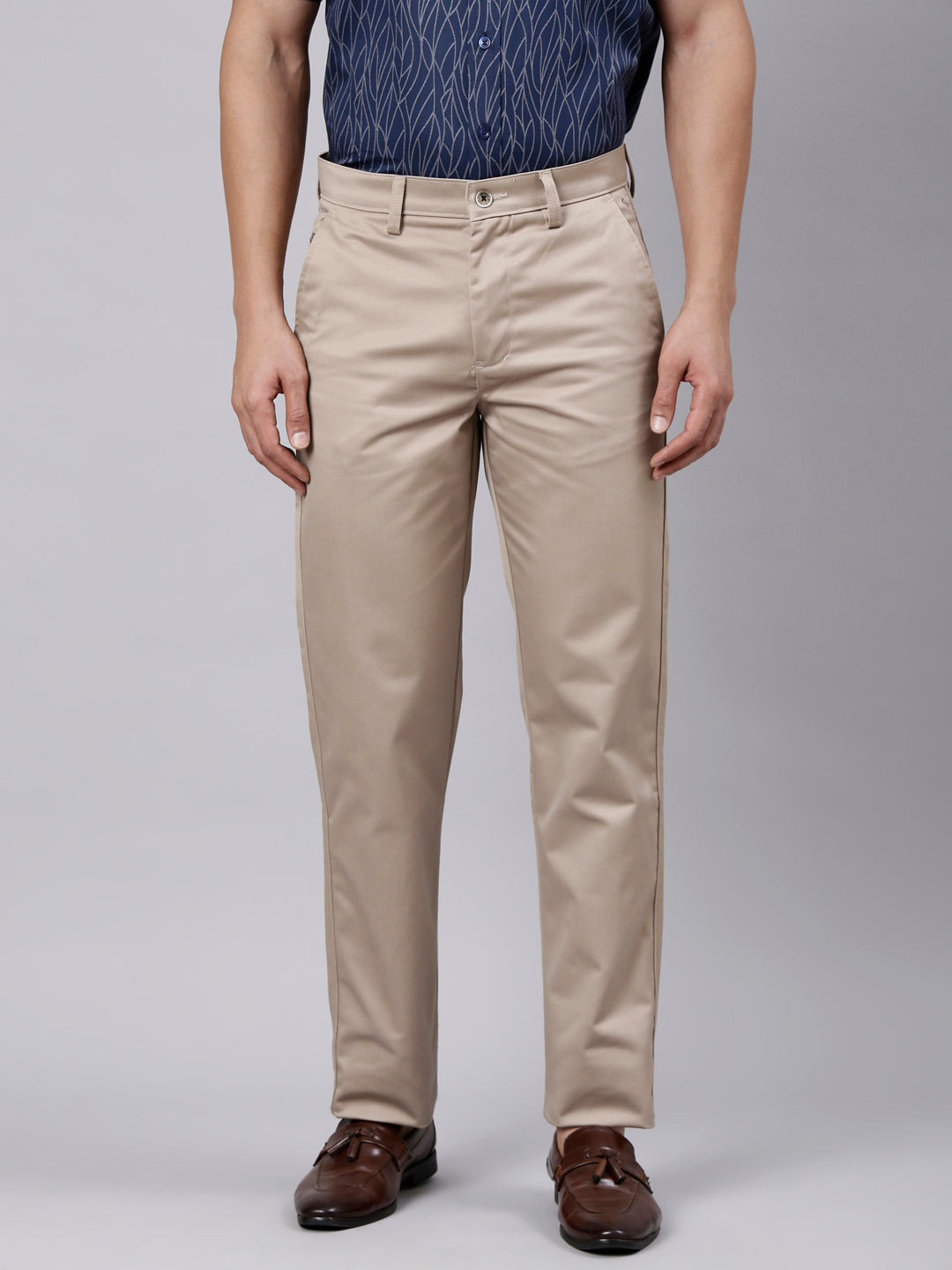 Classic Polo Men's Light Khaki Straight Fit Solid Cotton Trouser | GLINT - LT.KHAKI STF