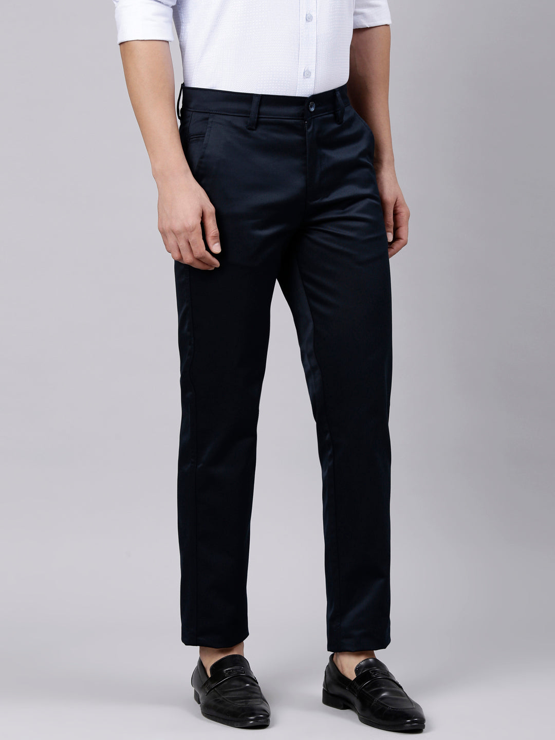Classic Polo Men's Navy Blue Straight Fit Solid Cotton Trouser | GLINT - NAVY STF