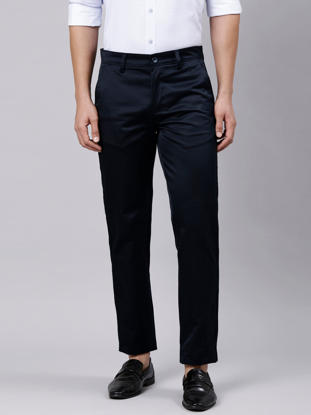 Classic Polo Men's Navy Blue Straight Fit Solid Cotton Trouser | GLINT - NAVY STF