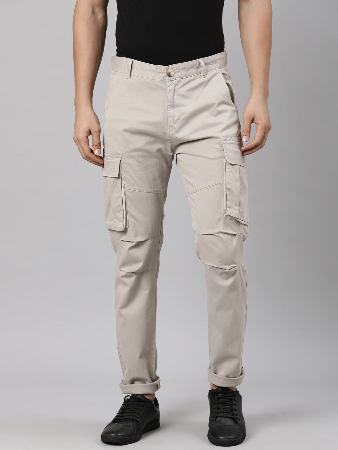 Classic Polo Men's Off-White Moderate Fit Solid Cotton Lycra Cargo Pant | CARGO - KHAKI-CRF-LY