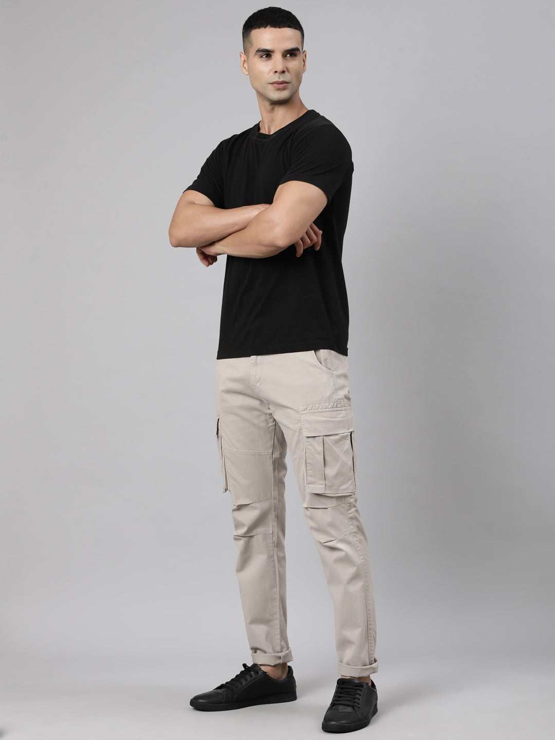 Classic Polo Men's Off-White Moderate Fit Solid Cotton Lycra Cargo Pant | CARGO - KHAKI-CRF-LY