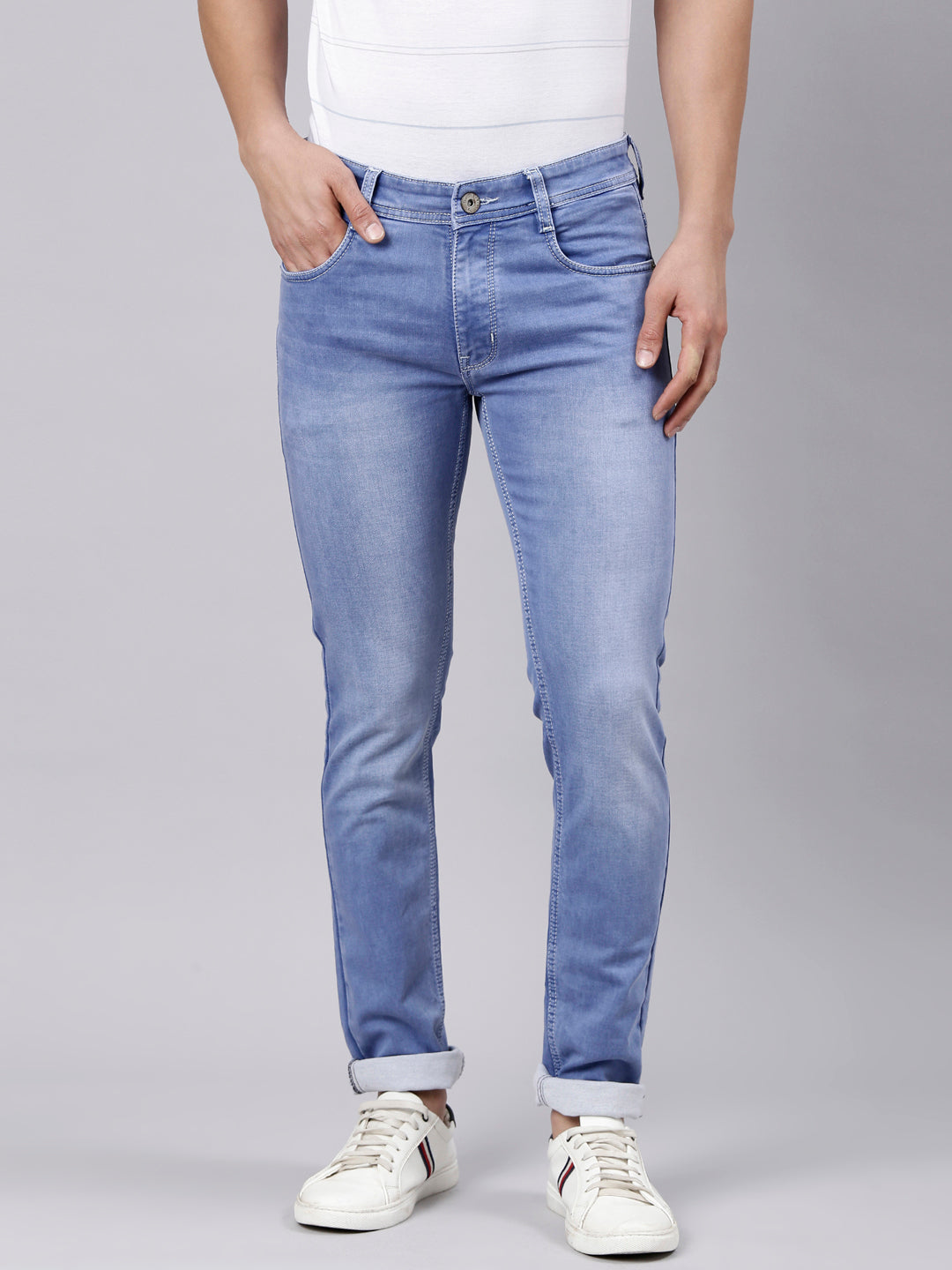 Classic Polo Men's Light Blue Slim Fit Solid Cotton Lycra Denim | CPDR1-02-MNT-SF