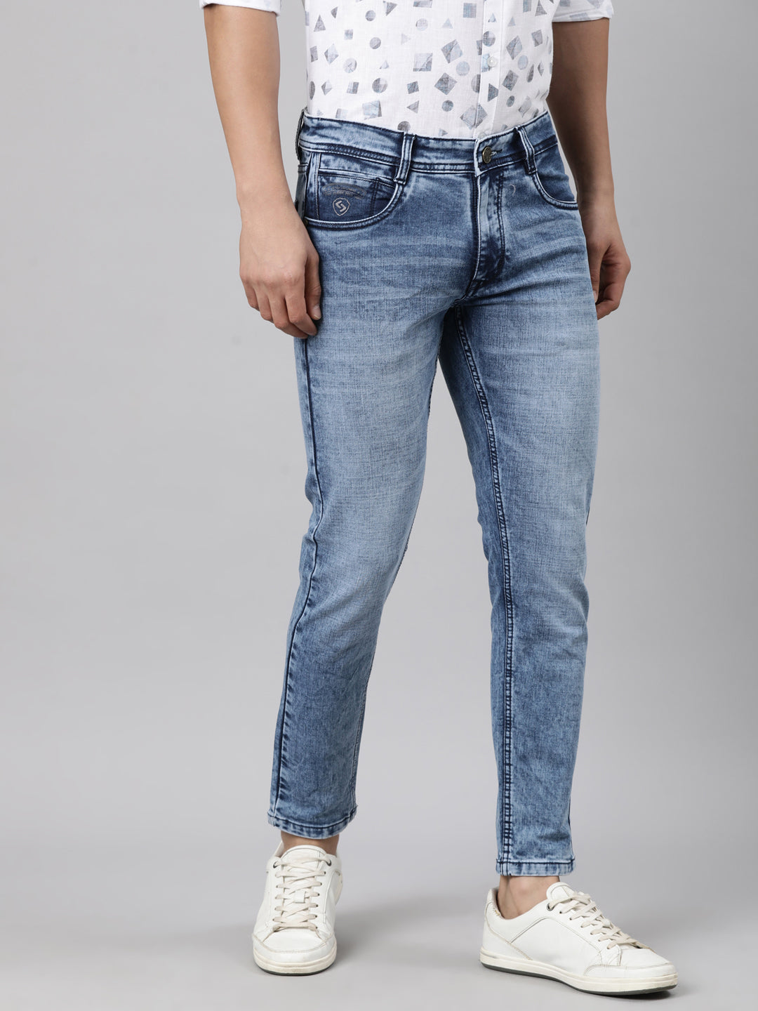 Classic Polo Men's Light Blue Ankle Fit Solid Cotton Lycra Denim | LDMR1-01-LBLU-AF