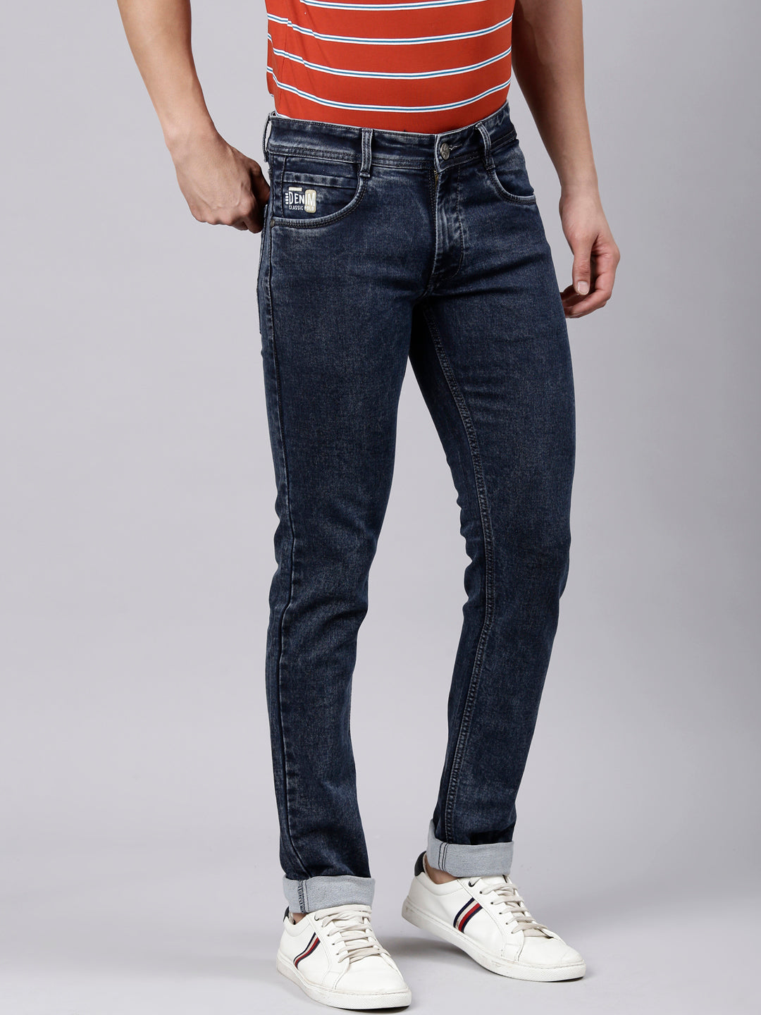 Classic Polo Men's Light Navy Slim Fit Solid Cotton Lycra Denim | LDMR1-03-L.NAVY-SF