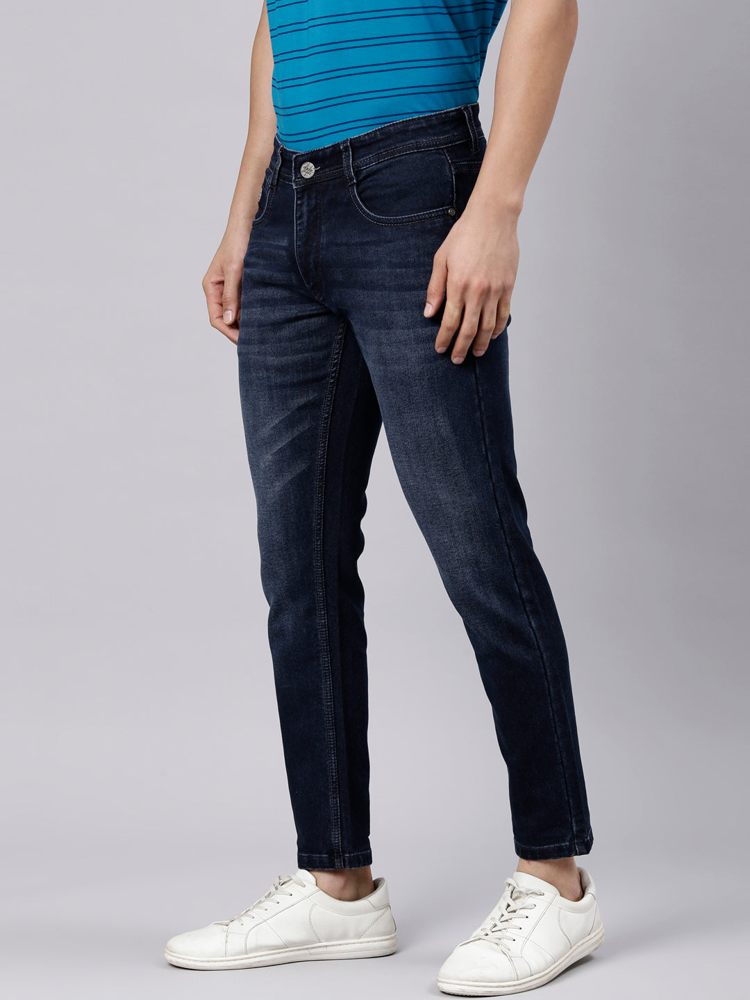 Classic Polo Men's Navy Blue Ankle Fit Solid Cotton Lycra Denim | LDMR1-05-NAVY-AF