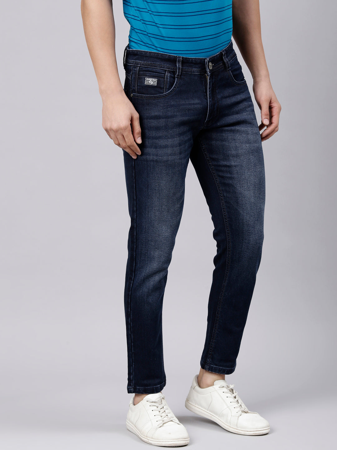 Classic Polo Men's Navy Blue Ankle Fit Solid Cotton Lycra Denim | LDMR1-05-NAVY-AF