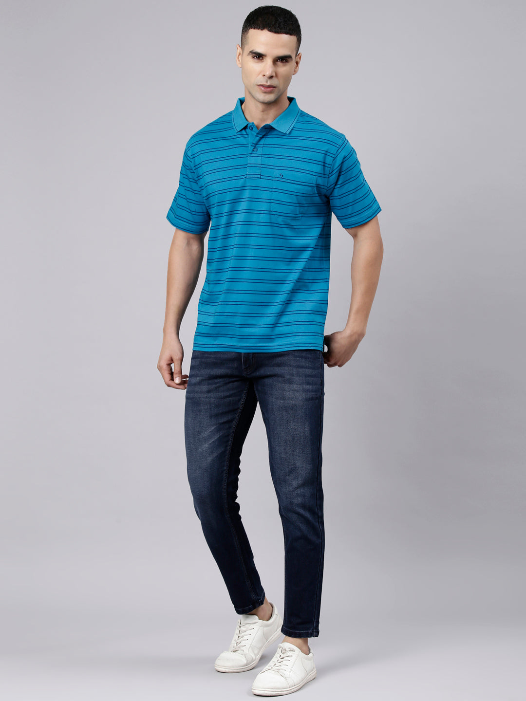 Classic Polo Men's Navy Blue Ankle Fit Solid Cotton Lycra Denim | LDMR1-05-NAVY-AF