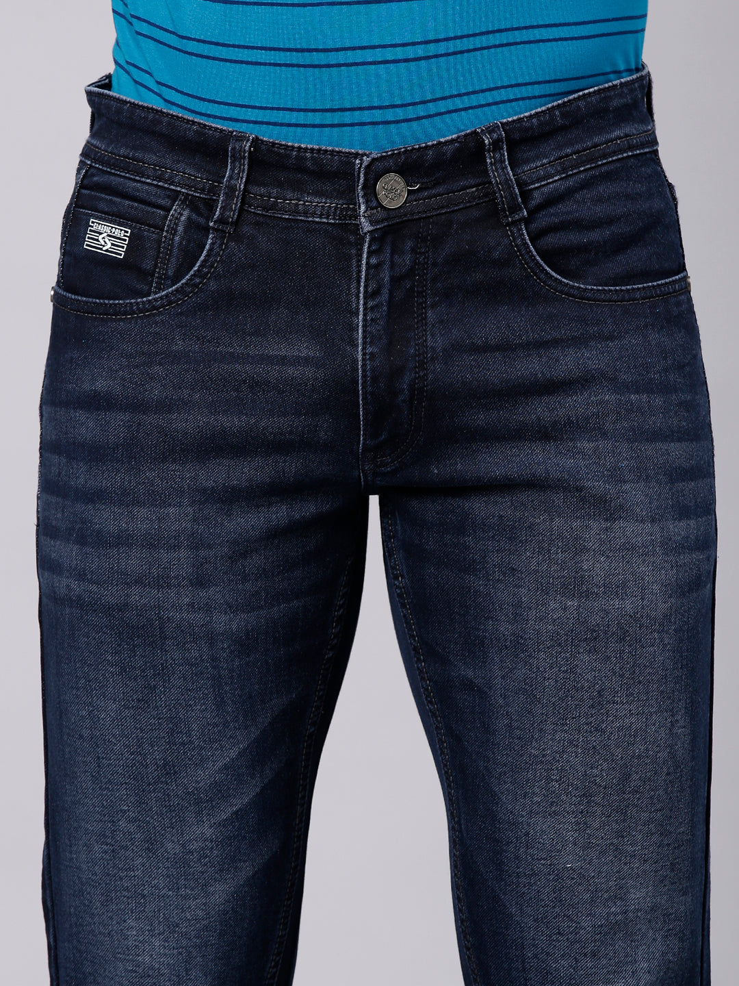 Classic Polo Men's Navy Blue Ankle Fit Solid Cotton Lycra Denim | LDMR1-05-NAVY-AF