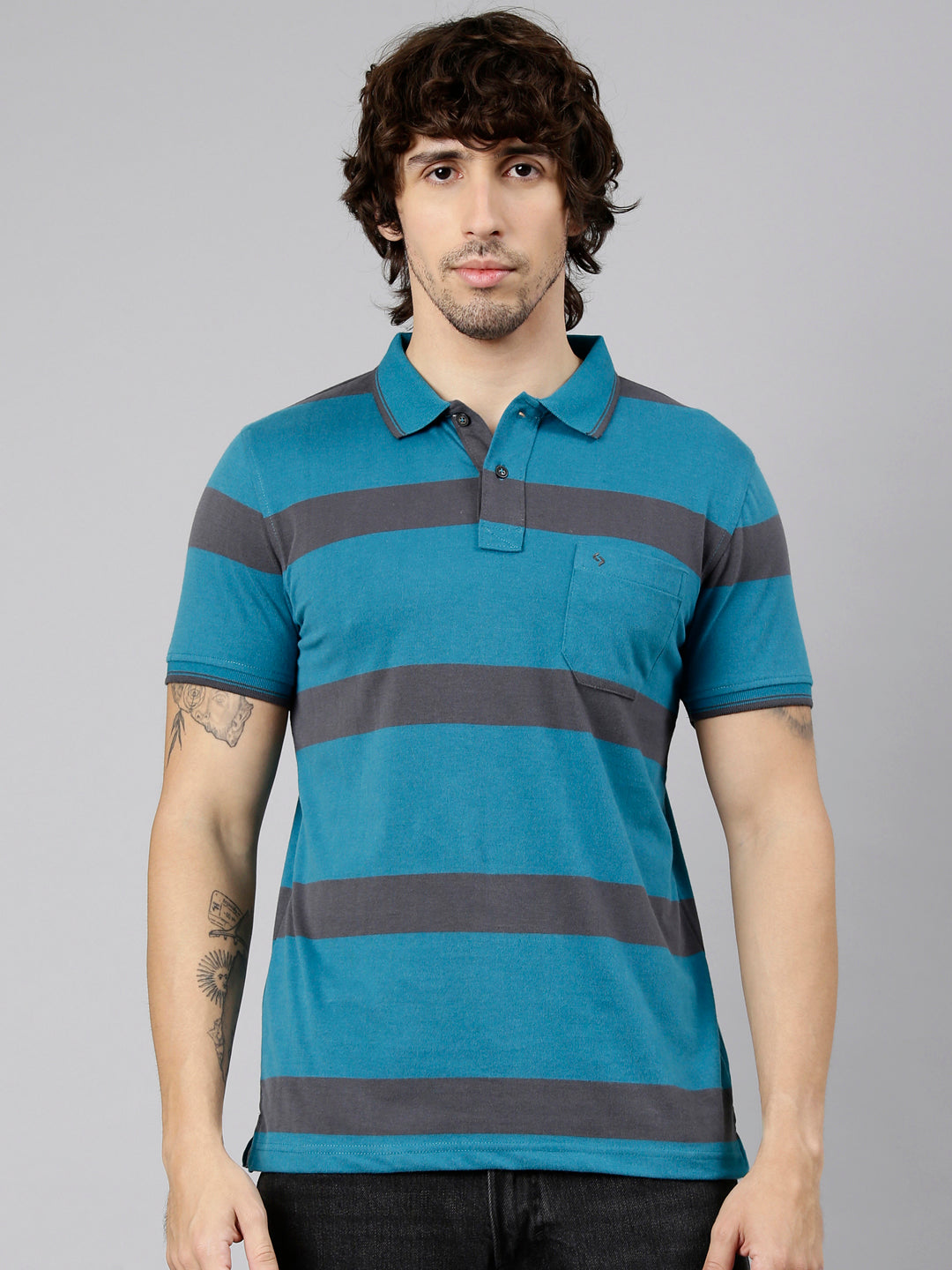 Classic Polo Men's Half Sleeve Teal Polo Neck Slim Fit Striped Cotton Blend T-Shirt | CPEG - 368 B SF P