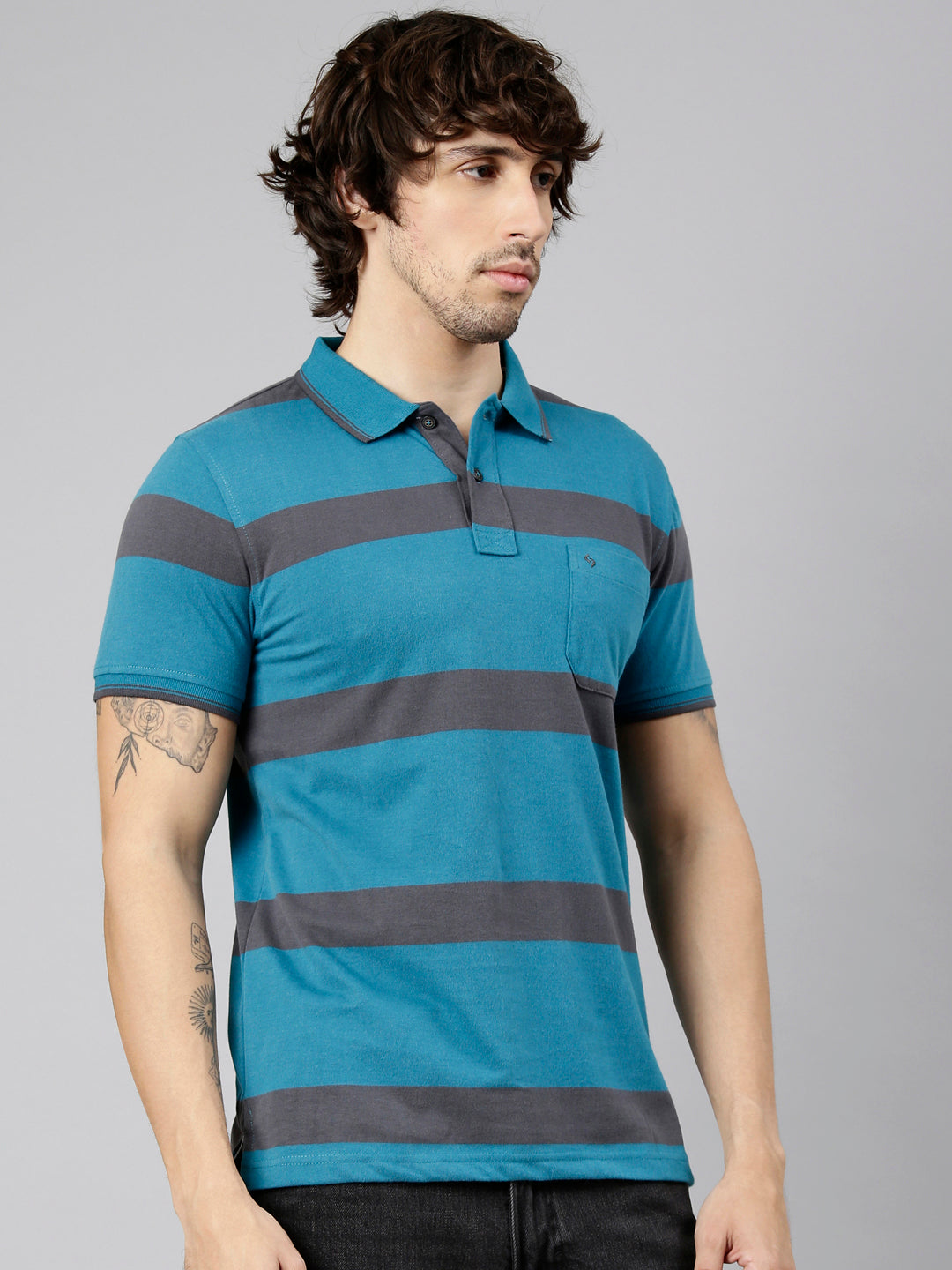 Classic Polo Men's Half Sleeve Teal Polo Neck Slim Fit Striped Cotton Blend T-Shirt | CPEG - 368 B SF P